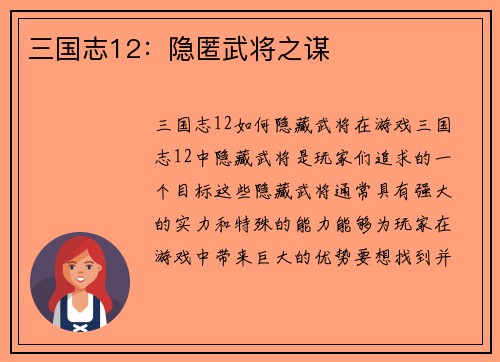 三国志12：隐匿武将之谋